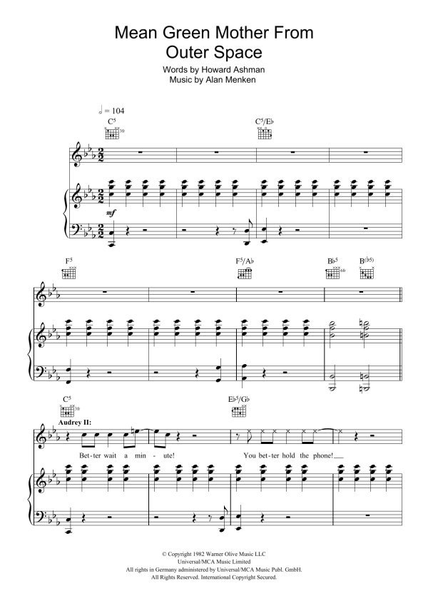 Howard Ashman Mean Green Mother From Outer Space (from Little Shop of Horrors) Musik Noten - Piano, Vocal & Guitar Chords - 104274-0