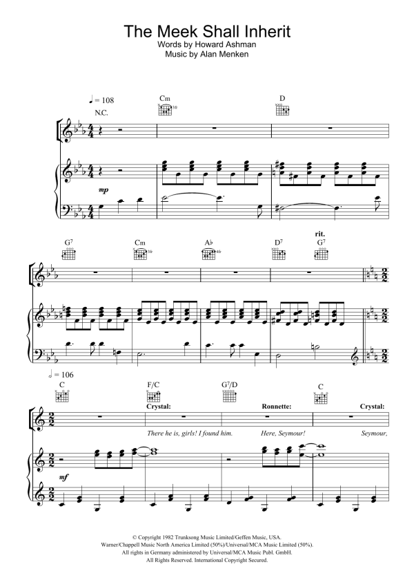 Howard Ashman The Meek Shall Inherit Musik Noten - Piano, Vocal & Guitar Chords - 104267-0