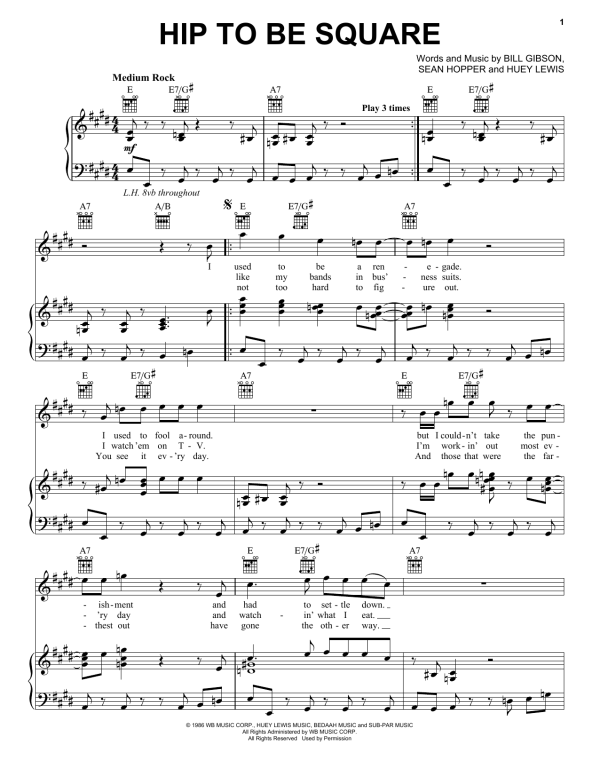 Huey Lewis & The News Hip To Be Square Musik Noten - Piano, Vocal & Guitar Chords - 172786-0