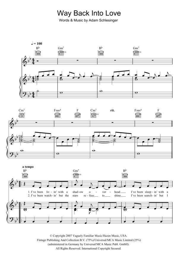 Hugh Grant & Haley Bennett Way Back Into Love (from the soundtrack to 'Music And Lyrics') Musik Noten - Piano, Vocal & Guitar Chords - 102233-0