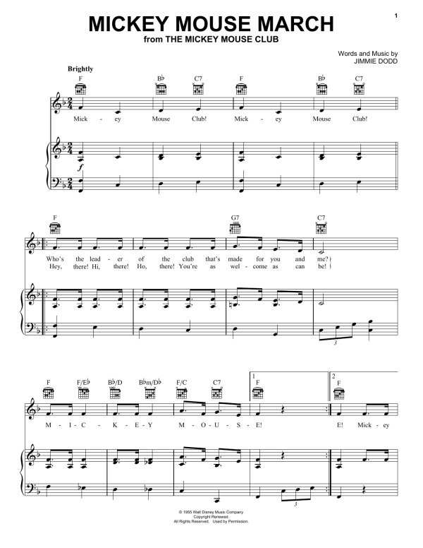 Ilene Woods Mickey Mouse March (from The Mickey Mouse Club) Musik Noten - Piano, Vocal & Guitar Chords - 51502-0