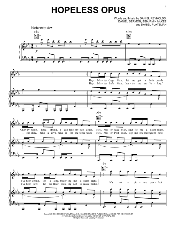 Imagine Dragons Hopeless Opus Musik Noten - Piano, Vocal & Guitar Chords - 160570-0
