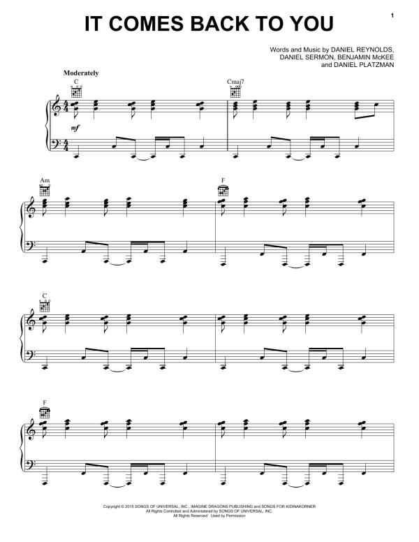 Imagine Dragons It Comes Back To You Musik Noten - Piano, Vocal & Guitar Chords - 160569-0