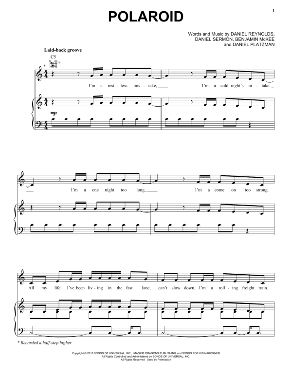Imagine Dragons Polaroid Musik Noten - Piano, Vocal & Guitar Chords - 160576-0