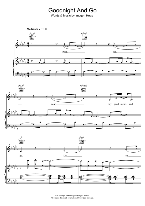 Imogen Heap Goodnight And Go Musik Noten - Piano, Vocal & Guitar Chords - 47166-0