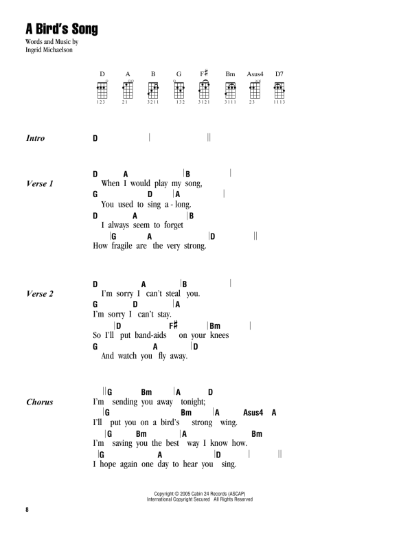 Ingrid Michaelson A Bird's Song Musik Noten - Ukulele Chords/Lyrics - 163154-0
