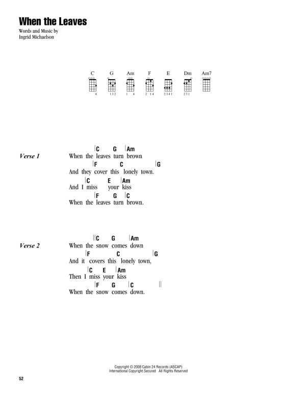 Ingrid Michaelson When The Leaves Musik Noten - Ukulele Chords/Lyrics - 163255-0
