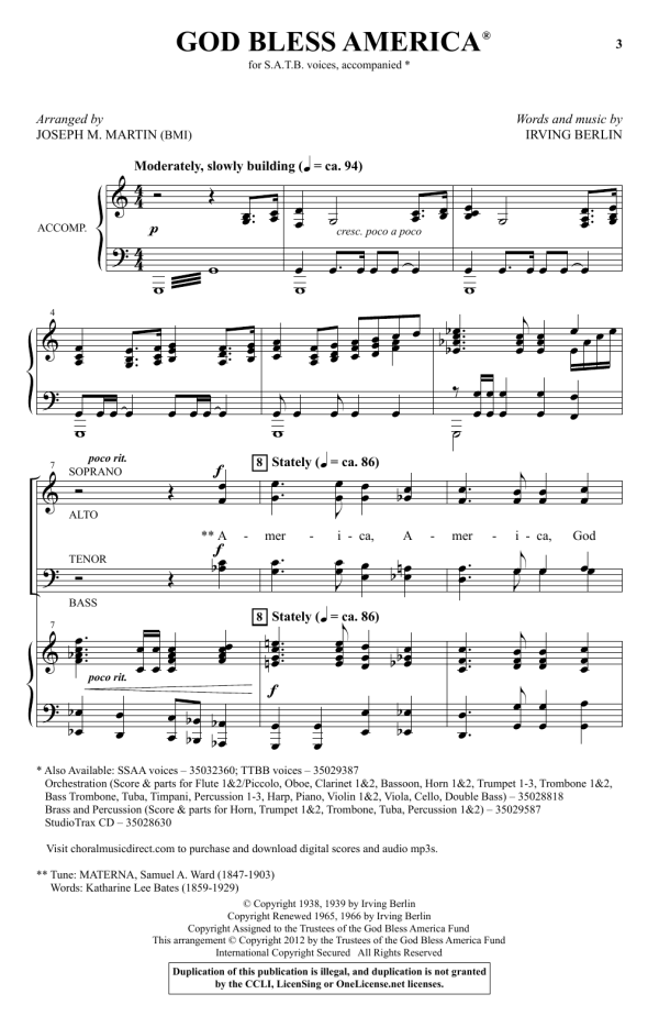 Irving Berlin God Bless America (arr. Joseph M. Martin) Musik Noten - SATB Choir - 93758-0