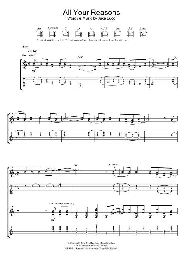 Jake Bugg All Your Reasons Musik Noten - Guitar Tab - 120169-0