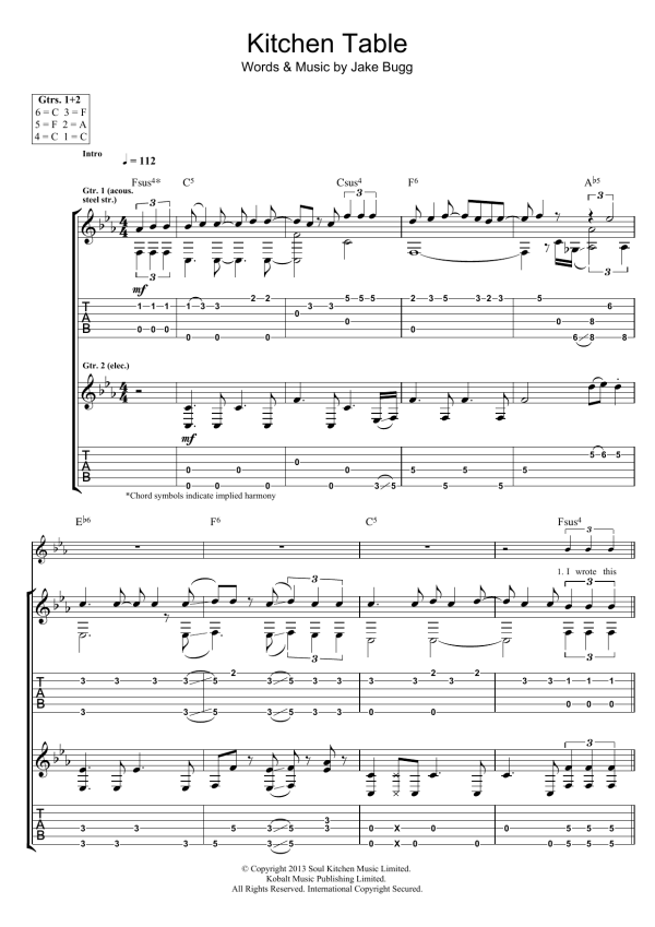 Jake Bugg Kitchen Table Musik Noten - Guitar Tab - 120166-0