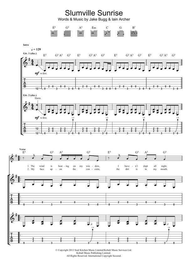 Jake Bugg Slumville Sunrise Musik Noten - Guitar Tab - 120174-0