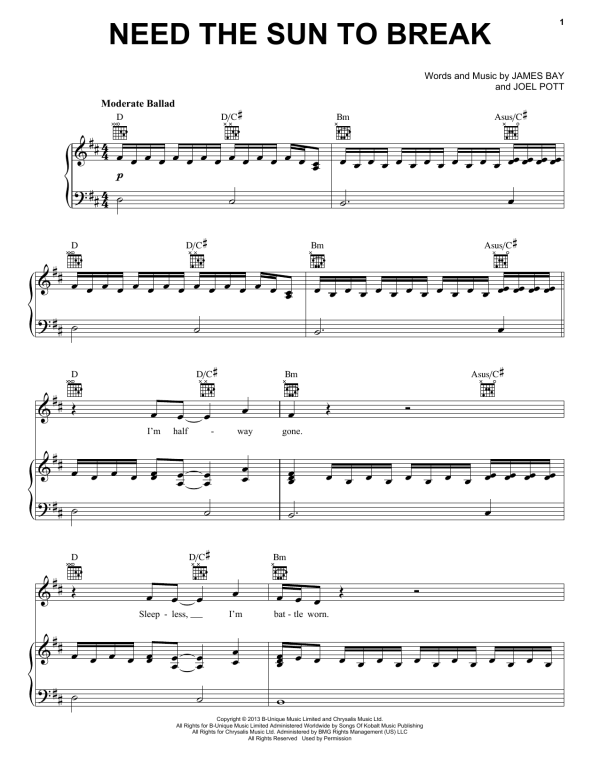 James Bay Need The Sun To Break Musik Noten - Piano, Vocal & Guitar Chords - 172265-0