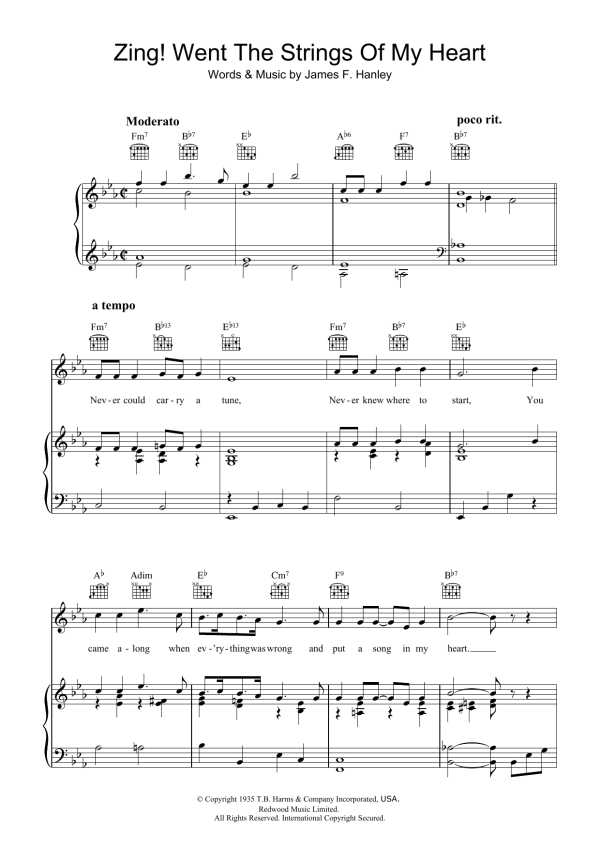 James F. Hanley Zing! Went The Strings Of My Heart Musik Noten - Piano, Vocal & Guitar Chords - 37011-0