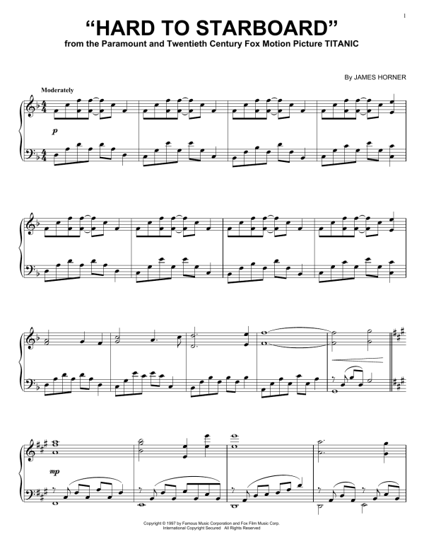 James Horner "Hard To Starboard" Musik Noten - Piano, Vocal & Guitar Chords - 18360-0