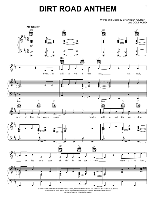 Jason Aldean Dirt Road Anthem Musik Noten - Piano, Vocal & Guitar Chords - 99729-0
