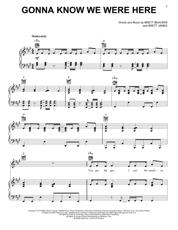 Jason Aldean Gonna Know We Were Here Musik Noten - Piano, Vocal & Guitar Chords - 163308-0
