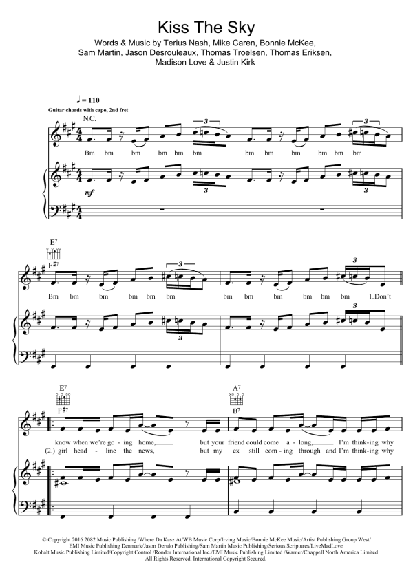 Jason Derulo Kiss The Sky Musik Noten - Piano, Vocal & Guitar Chords - 123882-0