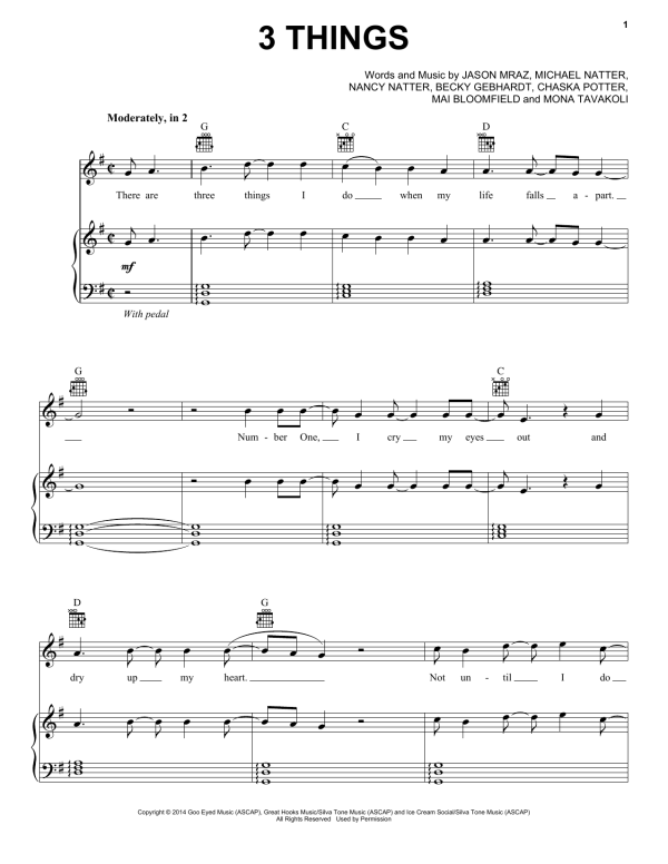 Jason Mraz 3 Things Musik Noten - Piano, Vocal & Guitar Chords - 155101-0