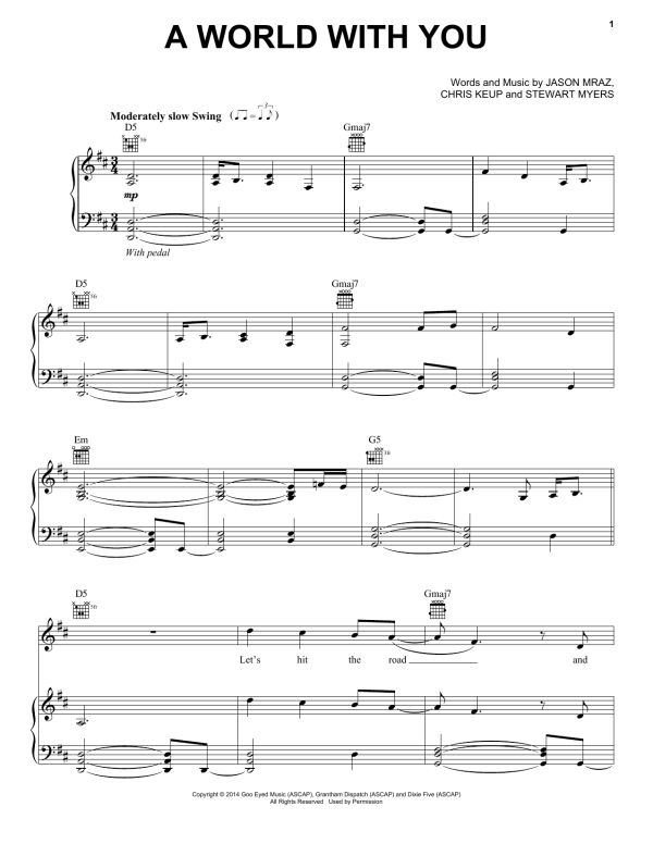 Jason Mraz A World With You Musik Noten - Piano, Vocal & Guitar Chords - 155096-0