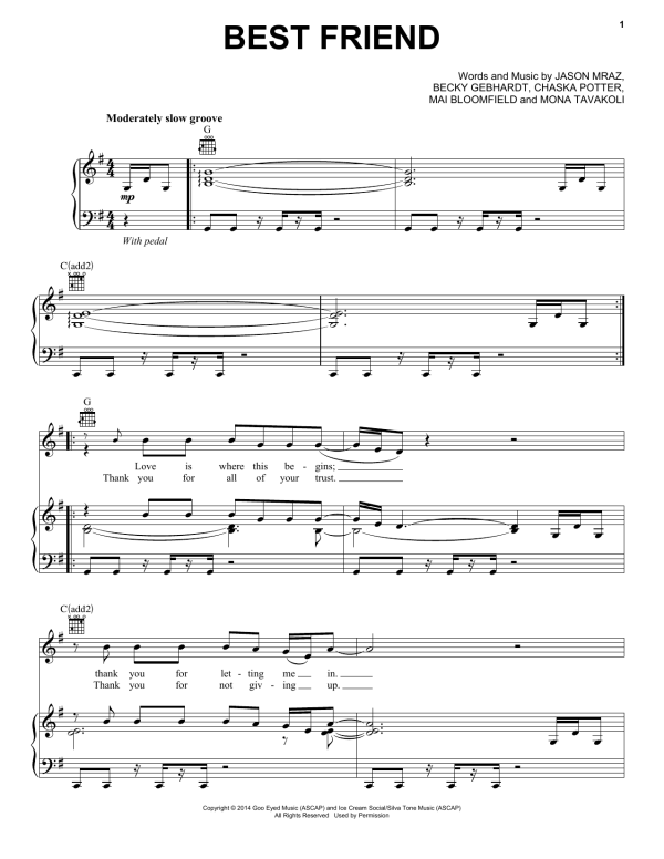 Jason Mraz Best Friend Musik Noten - Piano, Vocal & Guitar Chords - 155099-0