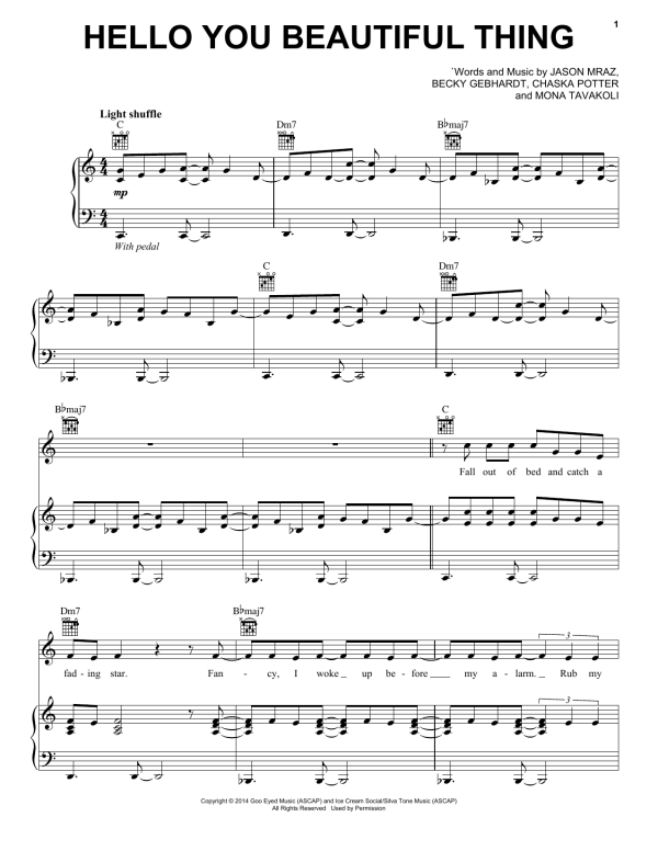 Jason Mraz Hello You Beautiful Thing Musik Noten - Piano, Vocal & Guitar Chords - 155112-0