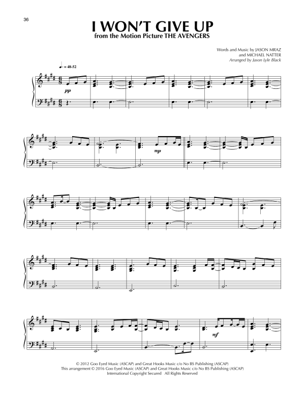 Jason Mraz I Won't Give Up (arr. Jason Lyle Black) Musik Noten - Piano Solo - 174545-0
