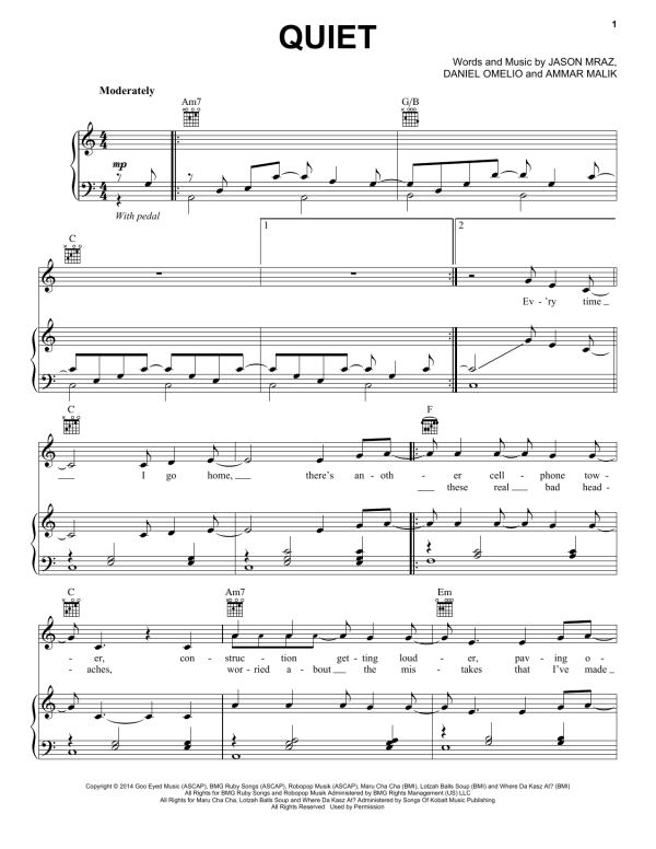 Jason Mraz Quiet Musik Noten - Piano, Vocal & Guitar Chords - 155104-0