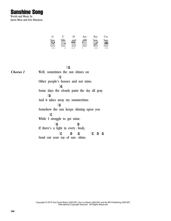 Jason Mraz Sunshine Song Musik Noten - Ukulele Chords/Lyrics - 162890-0