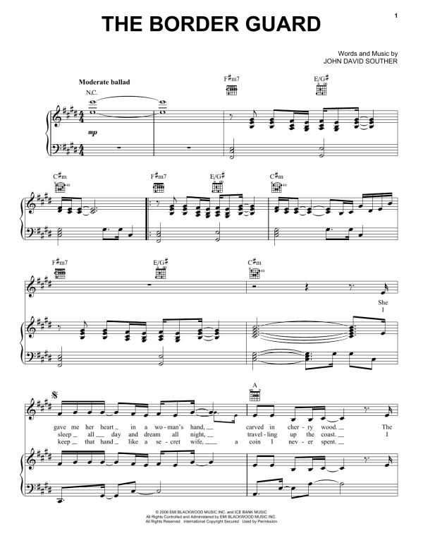 J.D. Souther The Border Guard Musik Noten - Piano, Vocal & Guitar Chords - 169948-0