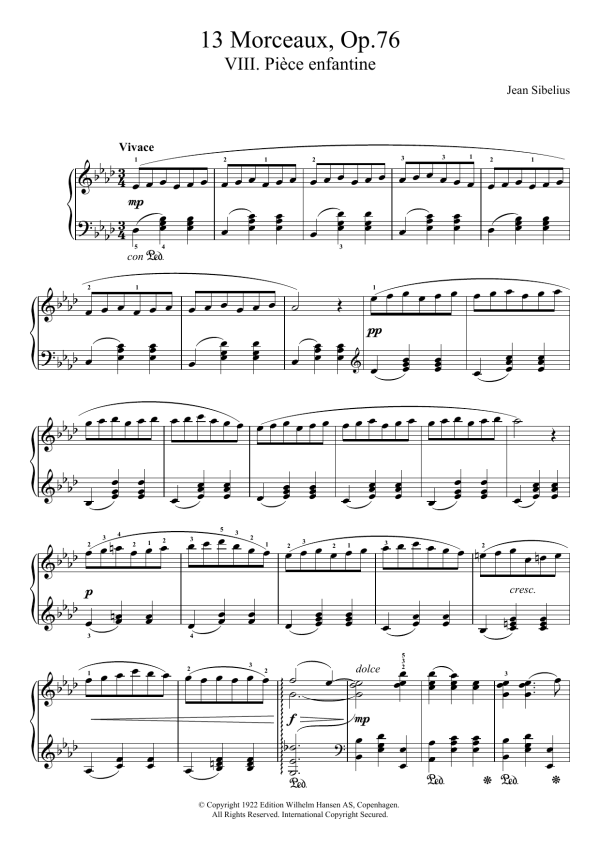 Jean Sibelius 13 Morceaux, Op.76 - VIII. Piece Enfantine Musik Noten - Piano Solo - 121688-0