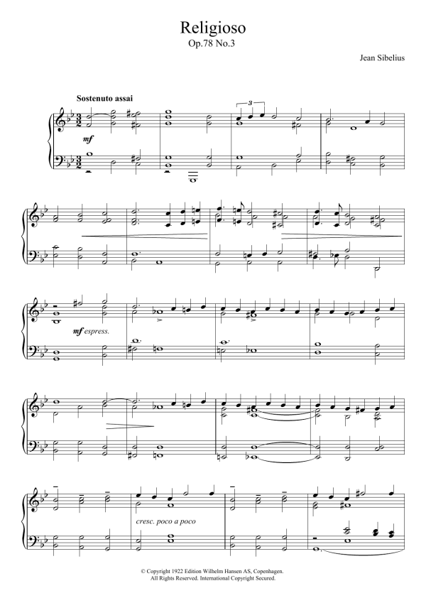 Jean Sibelius Religioso, Op.78 No.3 Musik Noten - Piano Solo - 121669-0