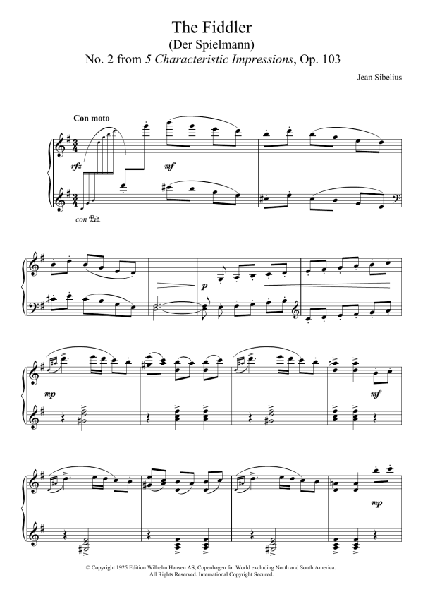 Jean Sibelius The Fiddler (From 5 Characteristic Impressions, Op.103) Musik Noten - Piano Solo - 121678-0