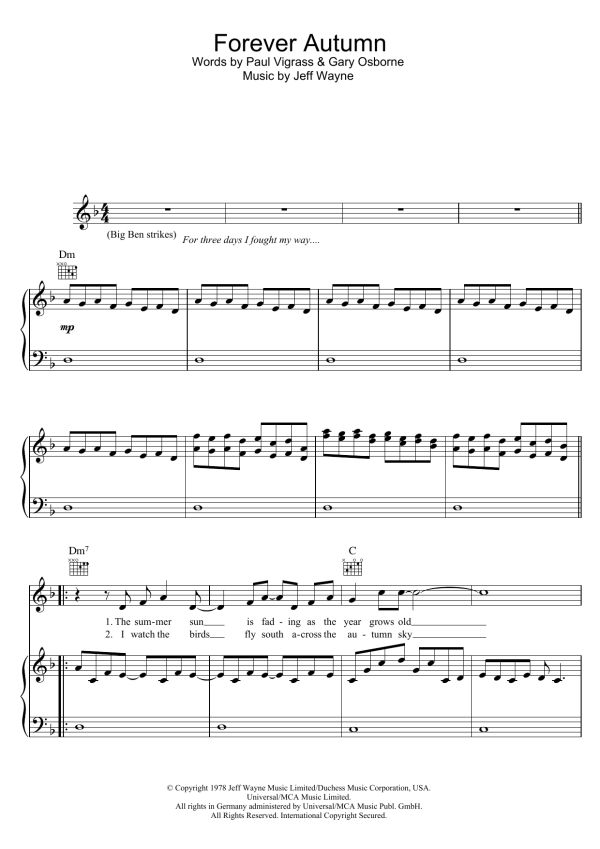 Jeff Wayne Forever Autumn (from War Of The Worlds) Musik Noten - Piano, Vocal & Guitar Chords - 47030-0