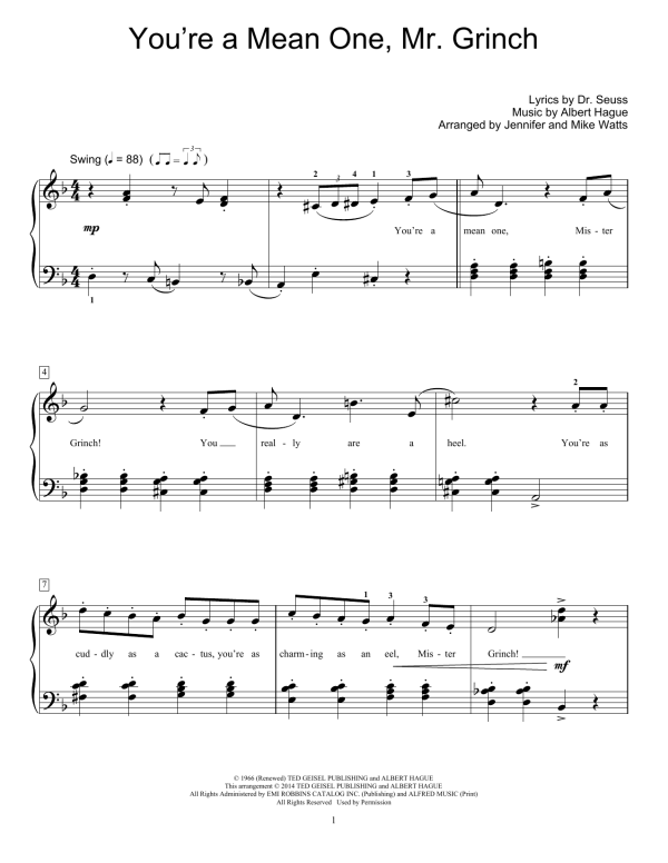 Jennifer Watts You're A Mean One, Mr. Grinch Musik Noten - Educational Piano - 156062-0