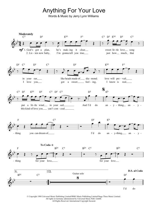 Jerry Lynn Williams Anything For Your Love Musik Noten - Lead Sheet / Fake Book - 13946-0