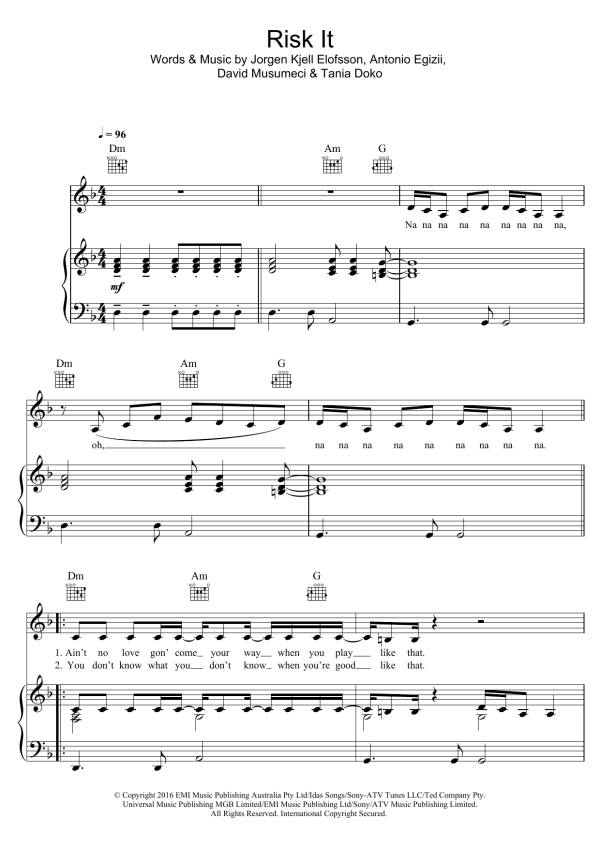 Jessica Mauboy Risk It Musik Noten - Piano, Vocal & Guitar Chords - 123936-0