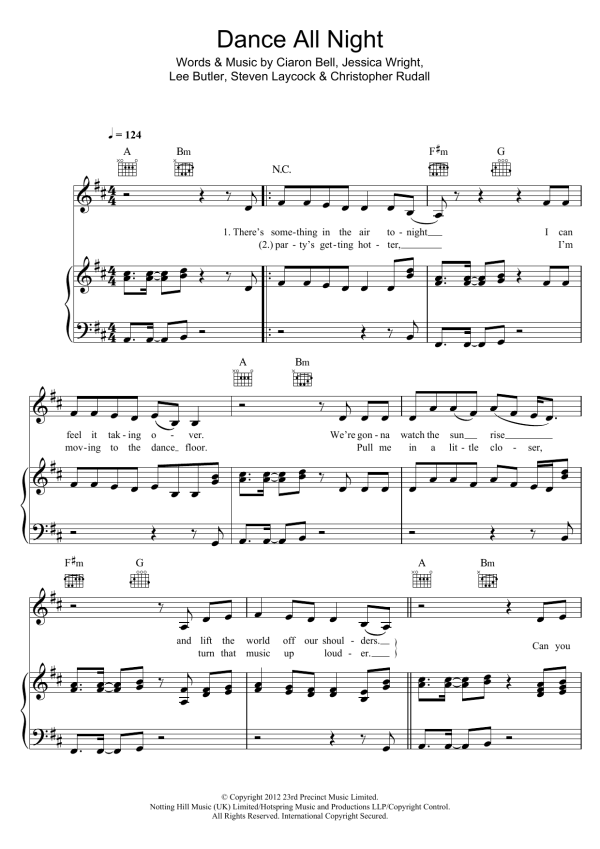 Jessica Wright Dance All Night Musik Noten - Piano, Vocal & Guitar Chords - 114909-0