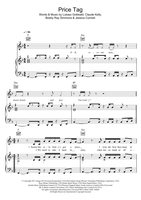 Jessie J Price Tag (featuring B.o.B) Musik Noten - Piano, Vocal & Guitar Chords - 108074-0