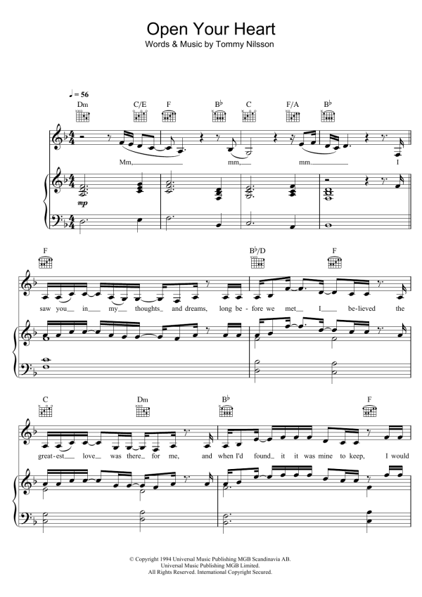 Jill Johnson Open Your Heart (Oppna Din Dorr) Musik Noten - Piano, Vocal & Guitar Chords - 123884-0