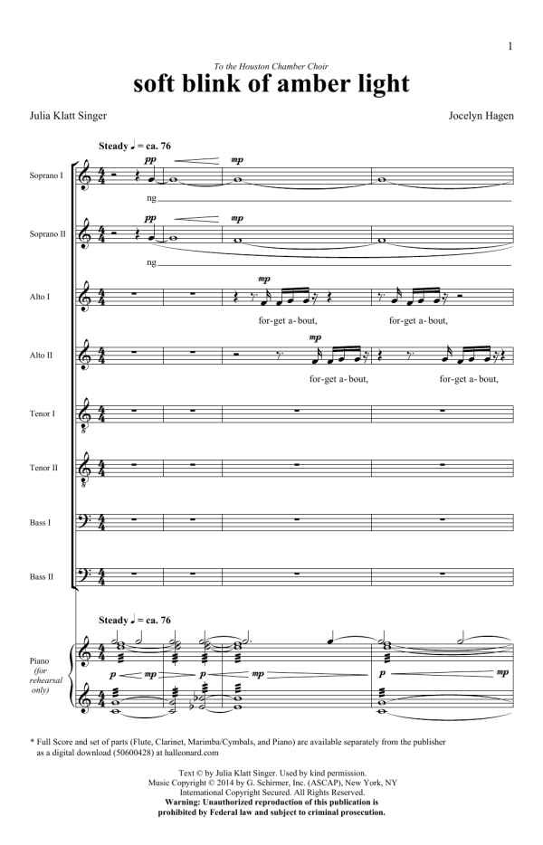 Jocelyn Hagen soft blink of amber light Musik Noten - SATB Choir - 173453-0