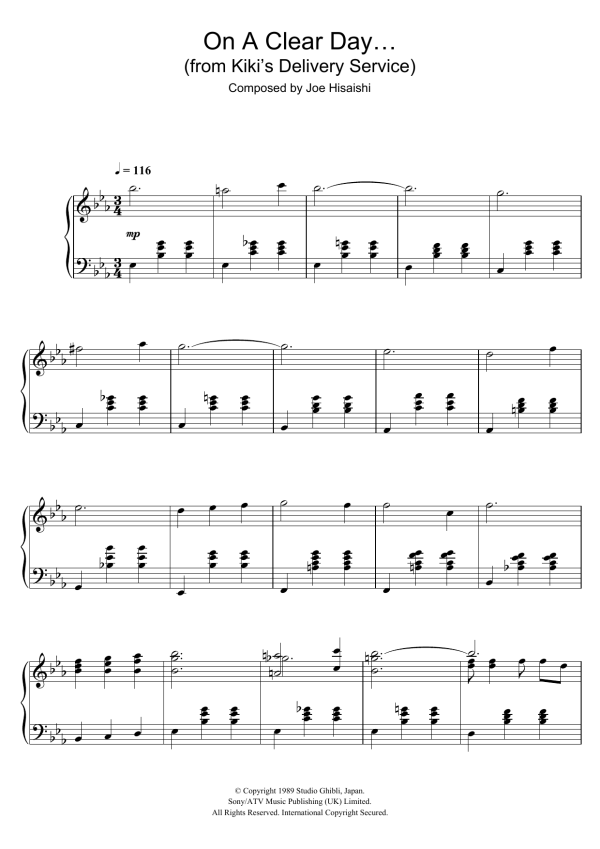 Joe Hisaishi Kiki's Delivery Service (On A Clear Day...) Musik Noten - Piano Solo - 107126-0