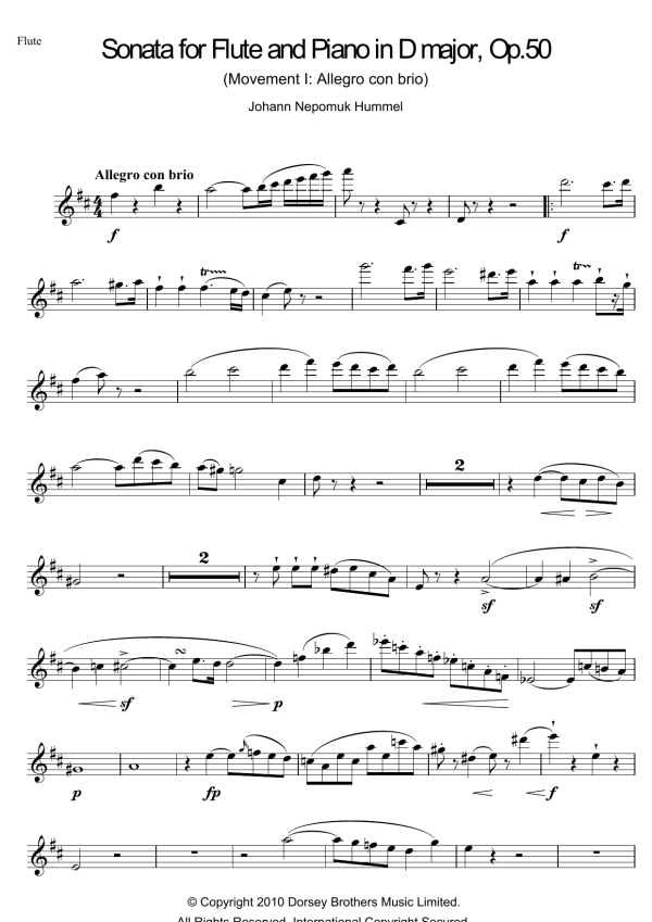 Johann Nepomuk Hummel Sonata For Flute And Piano In D Major, Op.50 Musik Noten - Flute Solo - 104460-0
