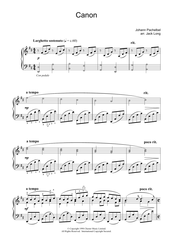 Johann Pachelbel Pachelbel's Canon In D Major (arr. Jack Long) Musik Noten - Piano Solo - 15675-0