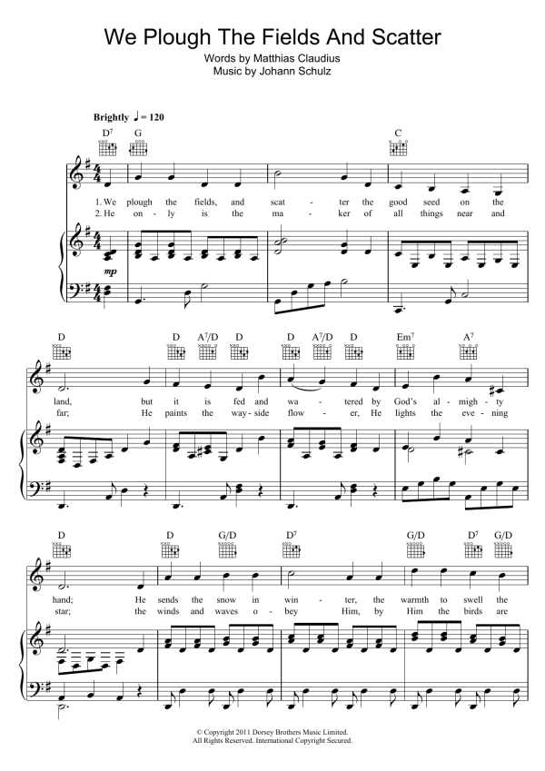 Johann Schulz We Plough The Fields And Scatter Musik Noten - Piano, Vocal & Guitar Chords - 107576-0