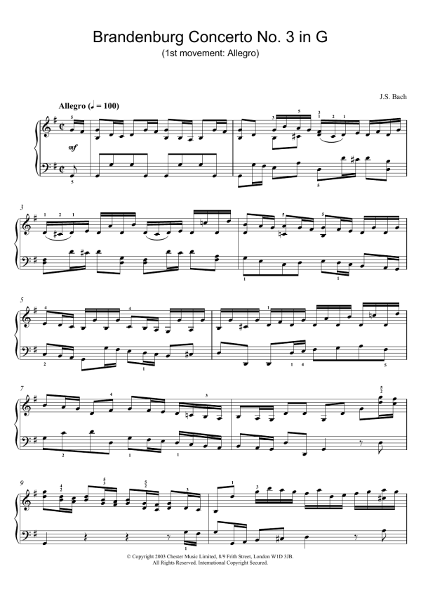 Johann Sebastian Bach Brandenburg Concerto No. 3 in G (1st movement: Allegro) Musik Noten - Piano Solo - 25982-0