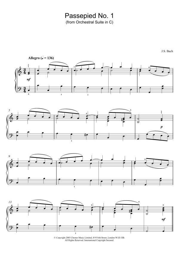 Johann Sebastian Bach Passepied No. 1 (from Orchestral Suite in C) Musik Noten - Piano Solo - 26006-0