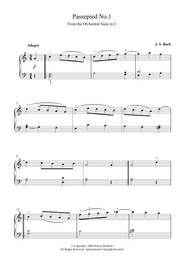Johann Sebastian Bach Passepied No.1 Musik Noten - Piano Solo - 15368-0