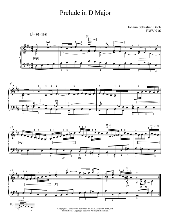Johann Sebastian Bach Prelude In D Major, BMV 936 Musik Noten - Piano Solo - 88149-0