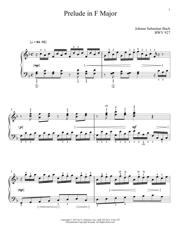 Johann Sebastian Bach Prelude In F Major, BMV 927 Musik Noten - Piano Solo - 88152-0