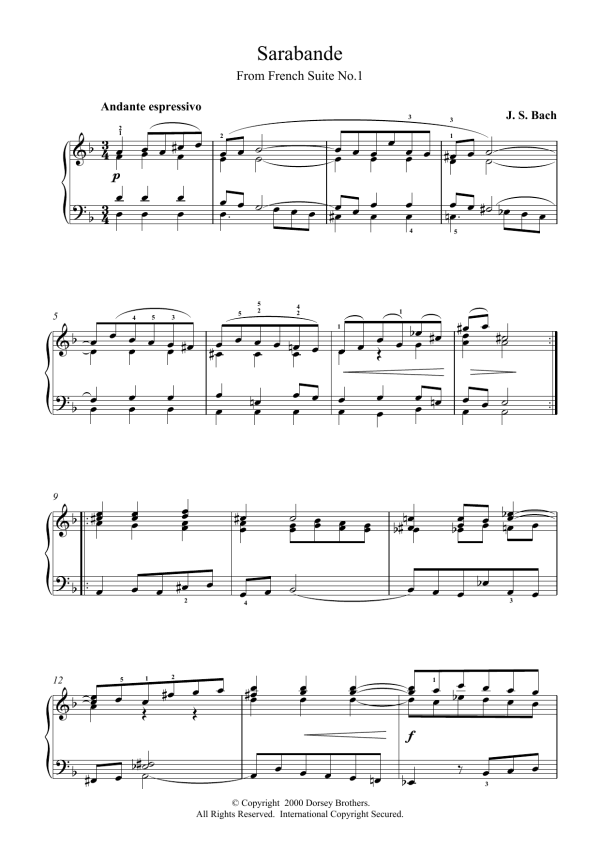 Johann Sebastian Bach Sarabande From Cello Suite in E Flat Musik Noten - Piano Solo - 15371-0
